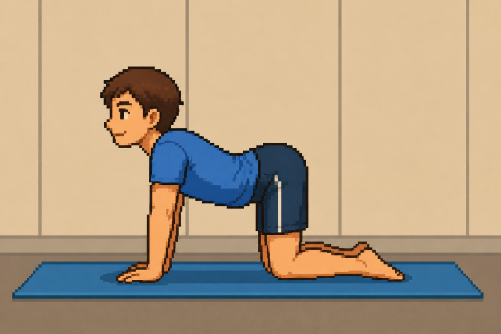 四つ這いで背中を反らせるキャットカウのカウのポーズを行っている男性のイラスト