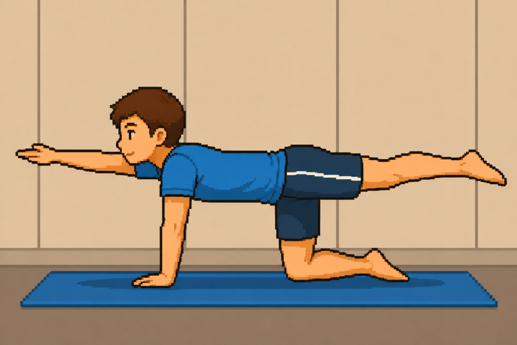 四つ這いから対角の手と脚を伸ばすバードドッグを行っている男性のイラスト