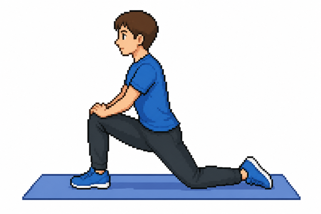 ガマットの上でランジポジションをとり腸腰筋をストレッチしている男性のイラスト