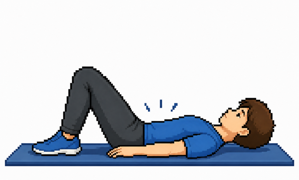 仰向けで膝を立ててドローイン（腹横筋の活性化）を行っている男性のイラスト
