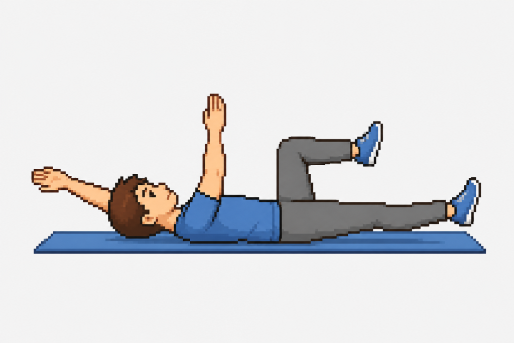 仰向けで対角の手と脚を伸ばすデッドバグエクササイズを行っている男性のイラスト