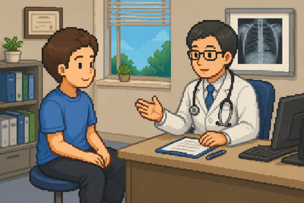 脂質異常症の薬をやめるタイミングについて医師に相談している男性のイメージ