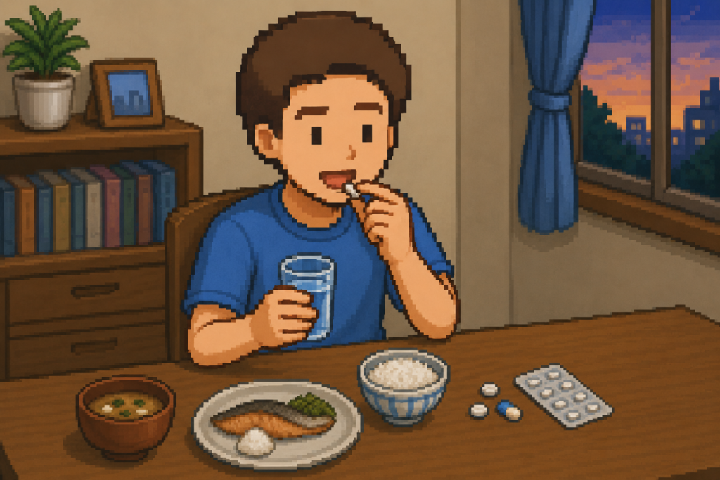 脂質異常症の薬を夕食後に服用している男性のイメージ