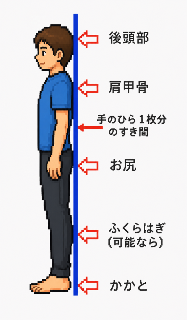 壁を背にして立ち、腰と壁のすき間を手で確認する壁テストの実演イラスト