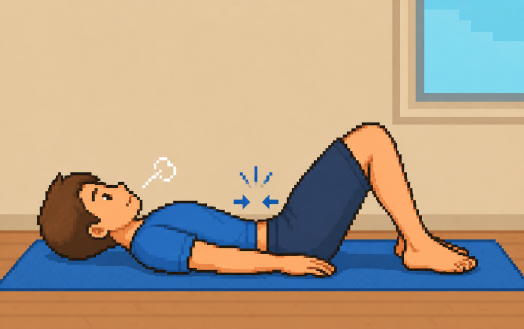 仰向けで膝を立ててお腹を凹ませるドローインを行っている男性のイラスト