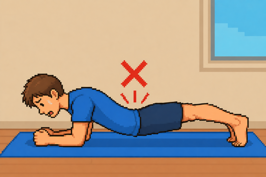 腰が反って下がってしまうプランクのNGフォームを示したイラスト