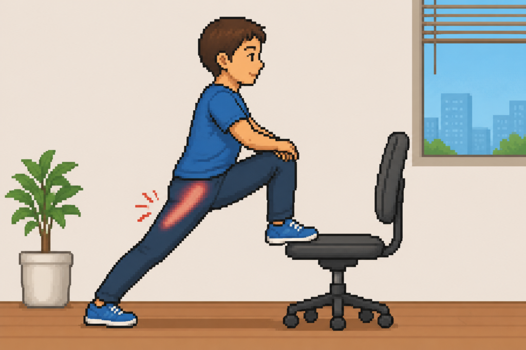 椅子に片足を乗せて股関節前面を伸ばすストレッチを行っている男性のイラスト