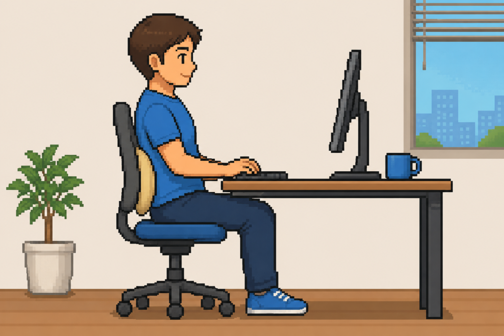 オフィスチェアの腰と背もたれの間にランバーサポートクッションを使用している男性のイラスト