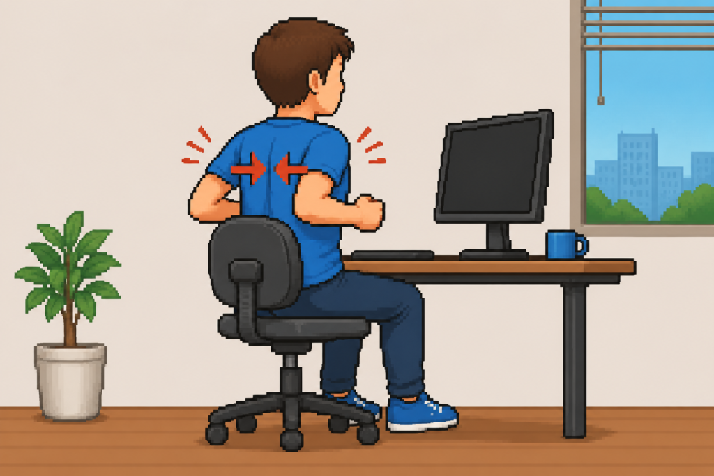 椅子に座ったまま肘を後ろに引いて肩甲骨を寄せる肩甲骨リセット運動のイラスト