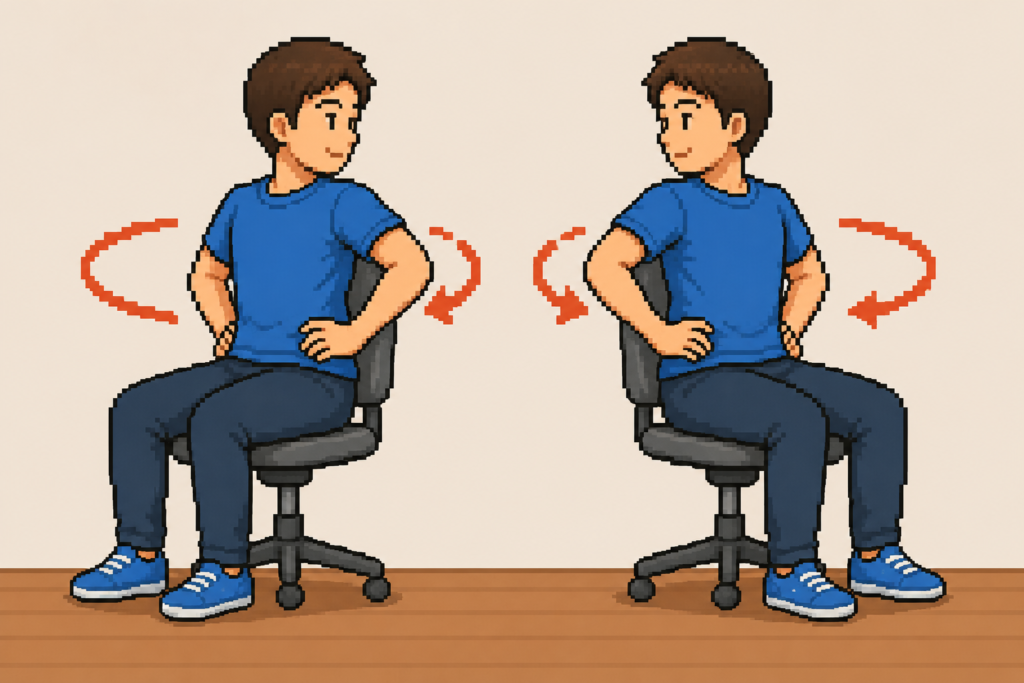 椅子に座ったまま両手を腰に当てて上半身を回す腰回しストレッチのイラスト