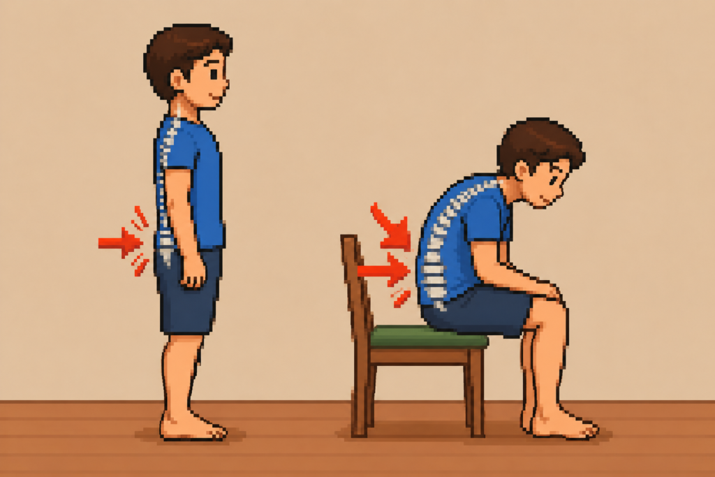 座位（特に浅く腰掛けた姿勢）が立位より腰椎に負担がかかることを示す比較イラスト