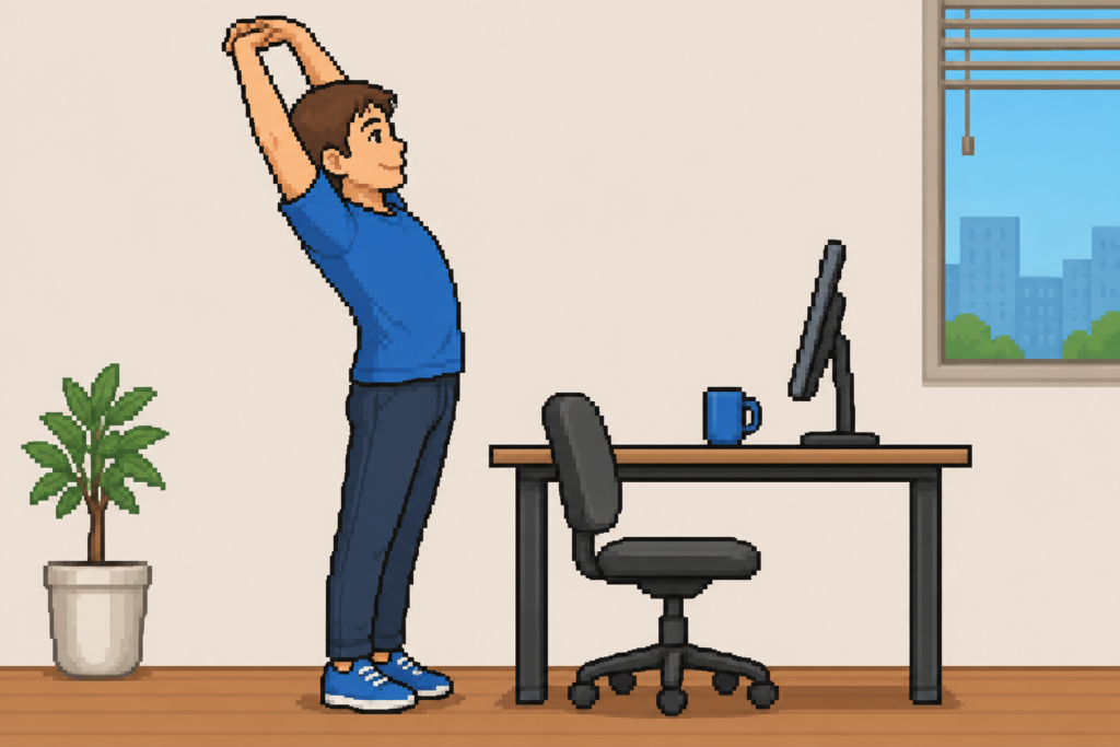 立ち上がって両手を頭上に伸ばし体を軽く反らせる背伸びストレッチのイラスト