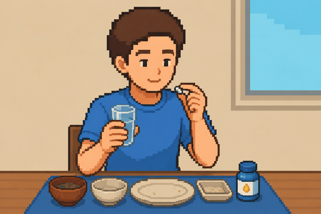 食後にEPA・DHAサプリを水と一緒に飲もうとしている男性のイラスト