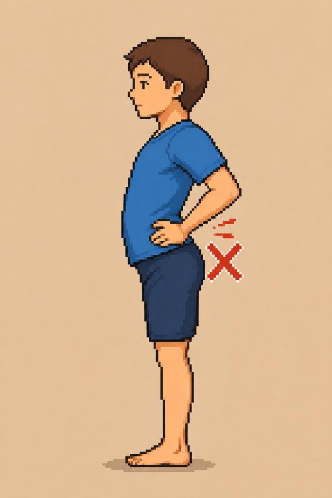 胸を張ろうとして腰だけを反らせてしまう猫背のNG矯正動作のイラスト