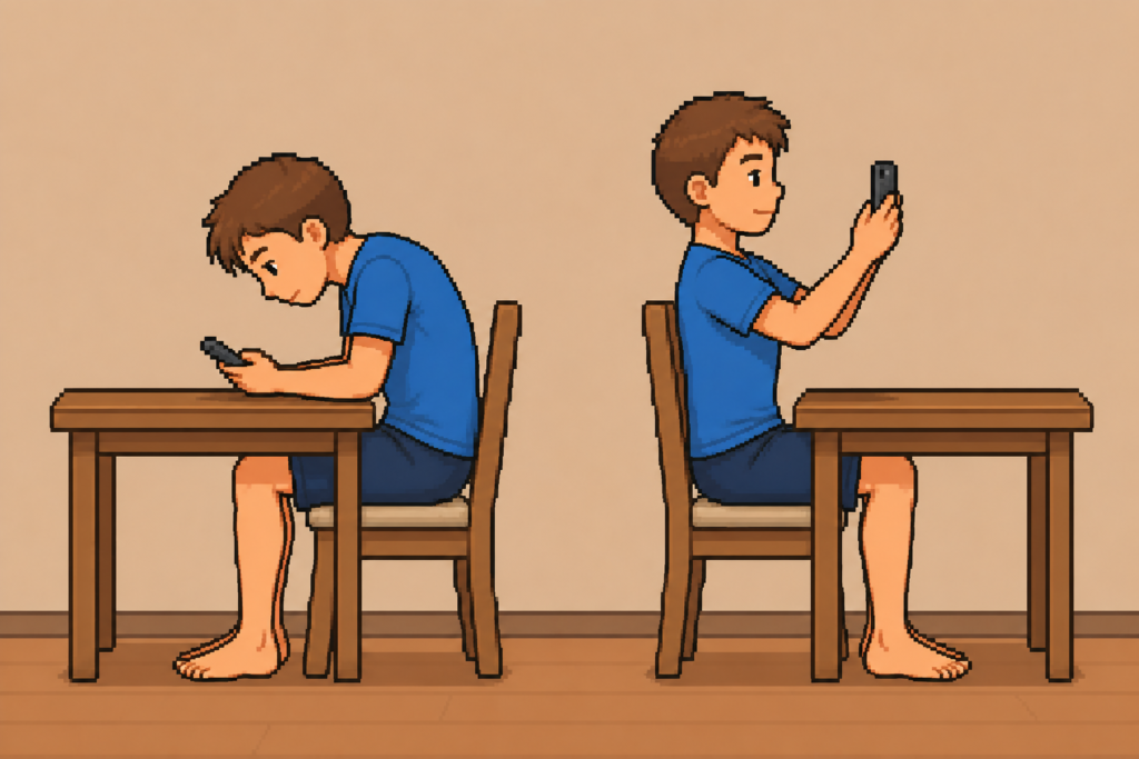 うつむいてスマホを見るNG姿勢と目線の高さで見る正しい姿勢を比較したイラスト