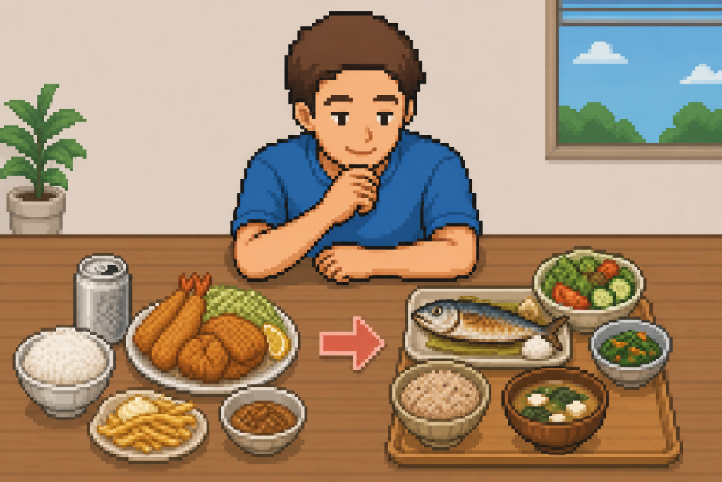 糖質やアルコールを控え青魚や野菜中心の食事に切り替えようとしている男性のイラスト