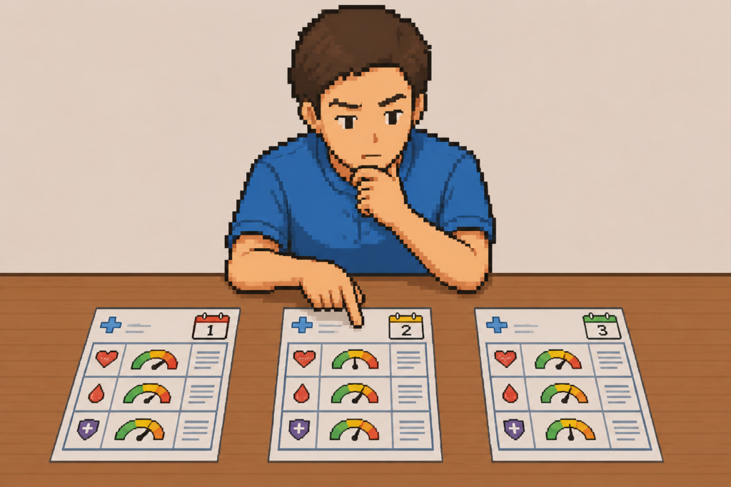 複数年分の健康診断結果を見比べて数値の推移を確認している男性のイラスト