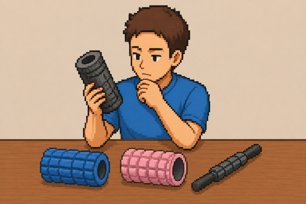 複数のフォームローラーを比較検討している男性のイラスト
