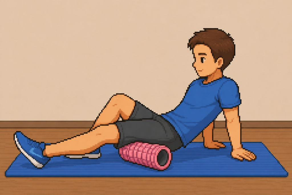 ォームローラーを太もも裏に当てて正しく使用している男性のイラスト