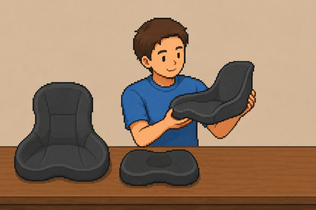 複数の骨盤サポートクッションを比較検討している男性のイラスト