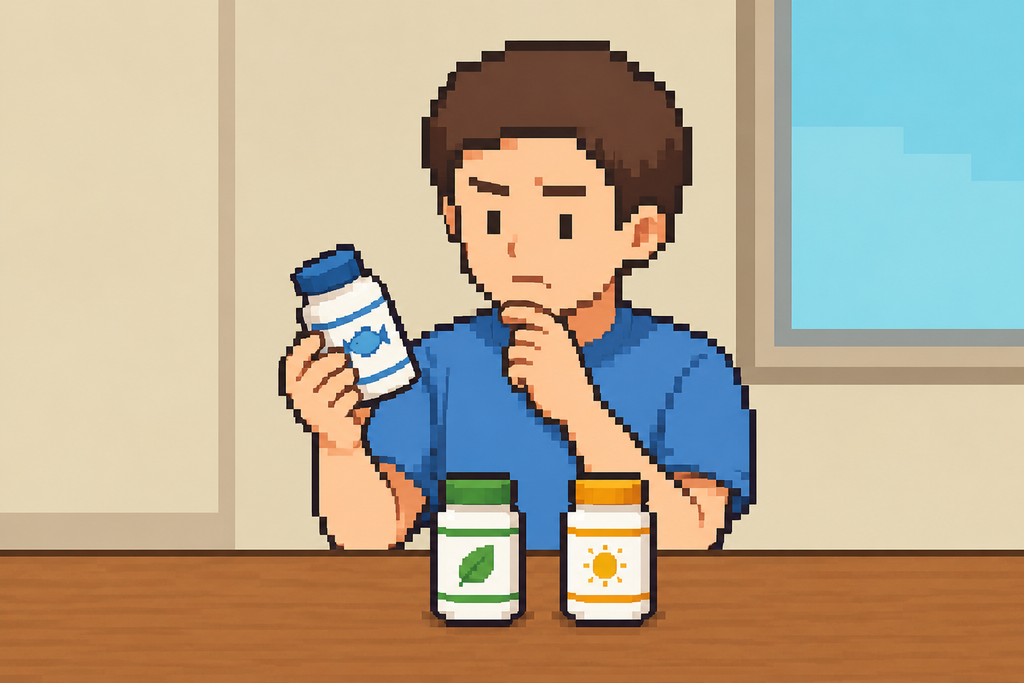 複数のナットウキナーゼサプリを比較検討している男性のイラスト