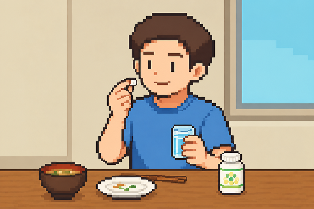 食後にナットウキナーゼサプリを水と一緒に飲もうとしている男性のイラスト