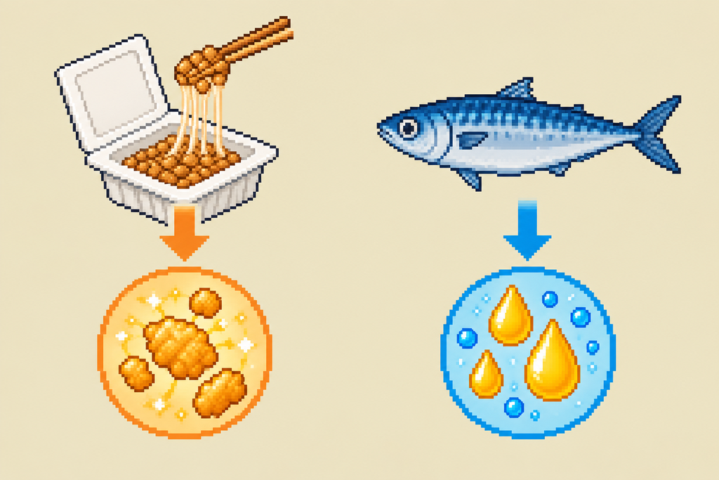 納豆由来のナットウキナーゼと青魚由来のEPA・DHAの違いを示した図解