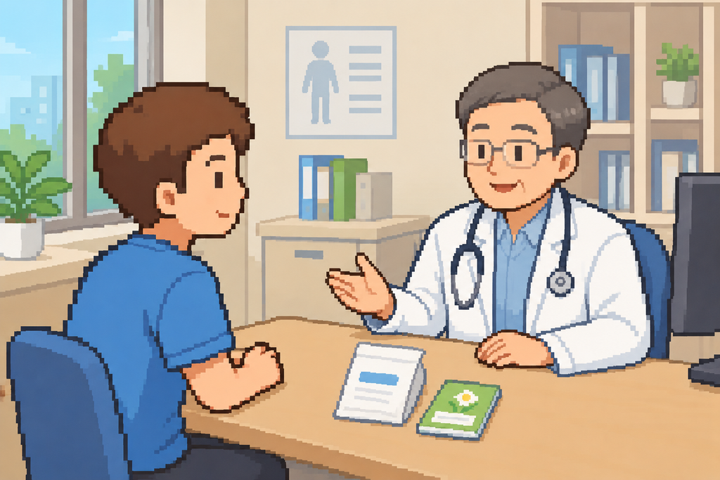 食事の時間を変える前に、薬の使用について主治医に相談している男性のイラスト