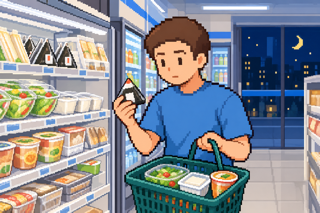 夜のコンビニで、おにぎりやサラダ、豆腐、スープを選んでいる男性のイラスト
