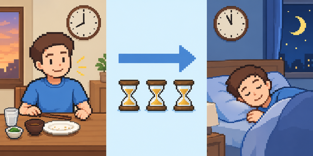 夕食を終えてから約3時間あけて就寝するまでの流れを表したイラスト