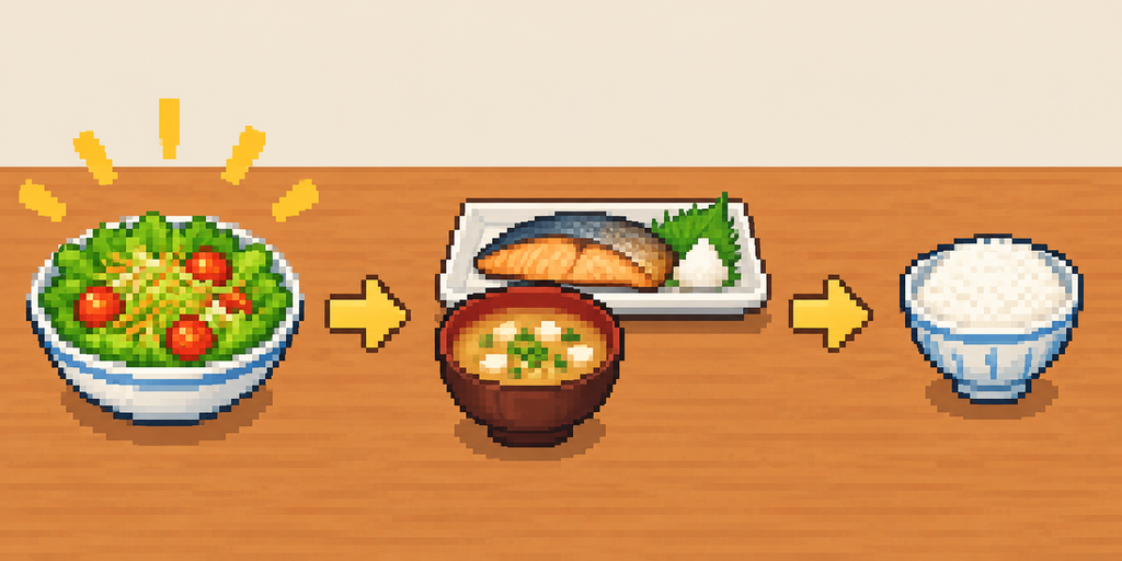 野菜から食べ、最後に主食を食べるという食べる順番を示したイラスト