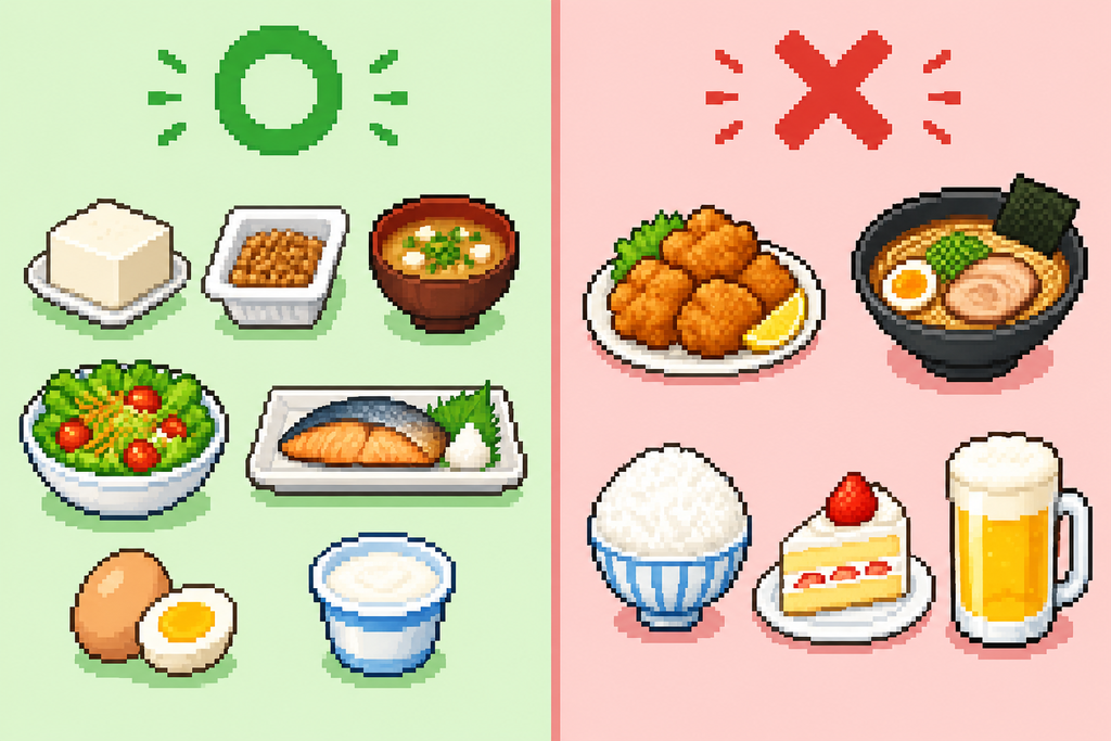 遅い時間に選びやすい食品と控えたい食品を左右で比較した図解